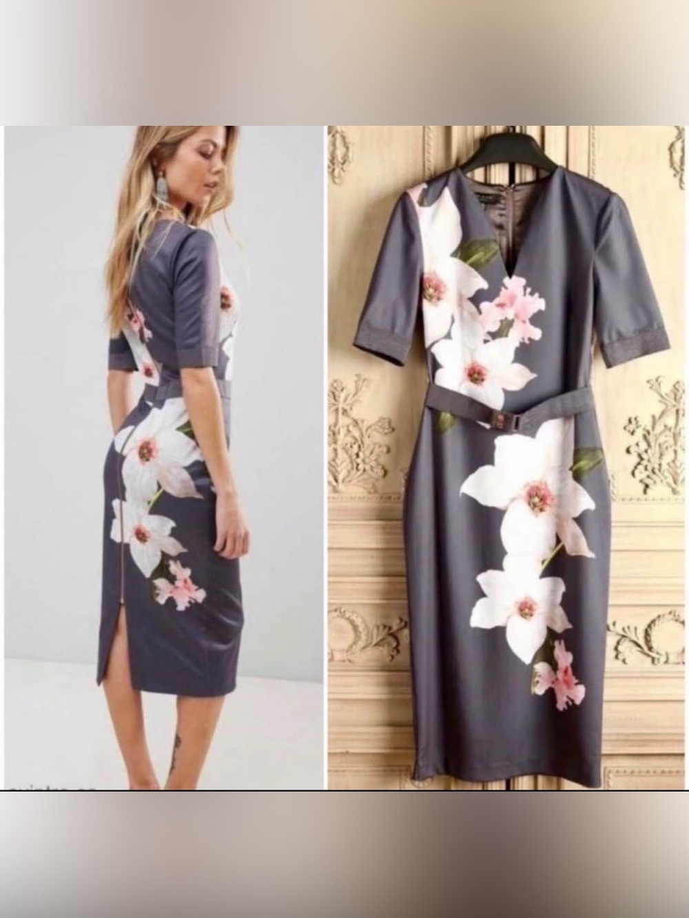 Ted Baker Gray Midi Dress with White Floral Print
